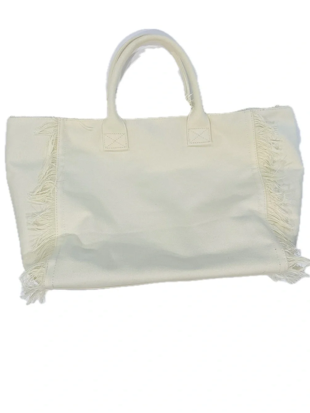 Dolce Vita Cream Canvas Fringe Tote with Light Blue Logo